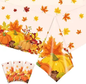 3 count Thanksgiving Tablecloth Table Decor, Fall Tablecloth Party Decorations, Plastic Autumn Pumpkins Maple Leaves Harvest Table Cover, 54" x 108"