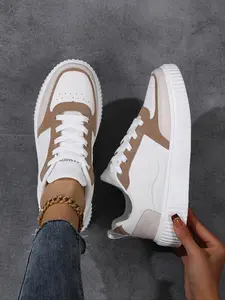 Women's Fashionable Letter Patchwork Design Lace Up Sneakers, Casual Comfortable Breathable Sports Shoes, Female All-match Round Toe Shoes for Daily Wear