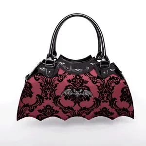 Bat Shaped Handbag with Damask Print and Metal Embellishments on Bag - Includes Shoulder Strap (Red)