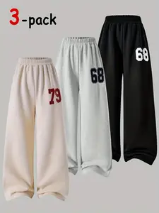 Girls' 3-Pack Number Print Wide-Leg Sweatpants, Elastic Waist Casual Trousers, Distinctive Touch, All-Season Fitted Style for Kids & Teens