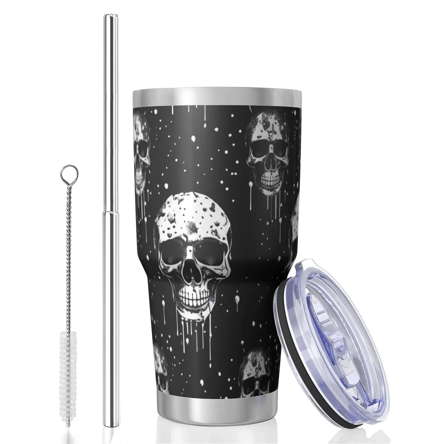 Skull 30 Oz Ice King Cup, Stainless Steel Top Bottom Keeps Hot Cold Odor Free Slide Open Lid Flip Lid Suitable for Home Office Outdoors Sports, Can Be Consumed Directly Or Used with a  Straw, black and white Skull Design | Stainless Steel Mug