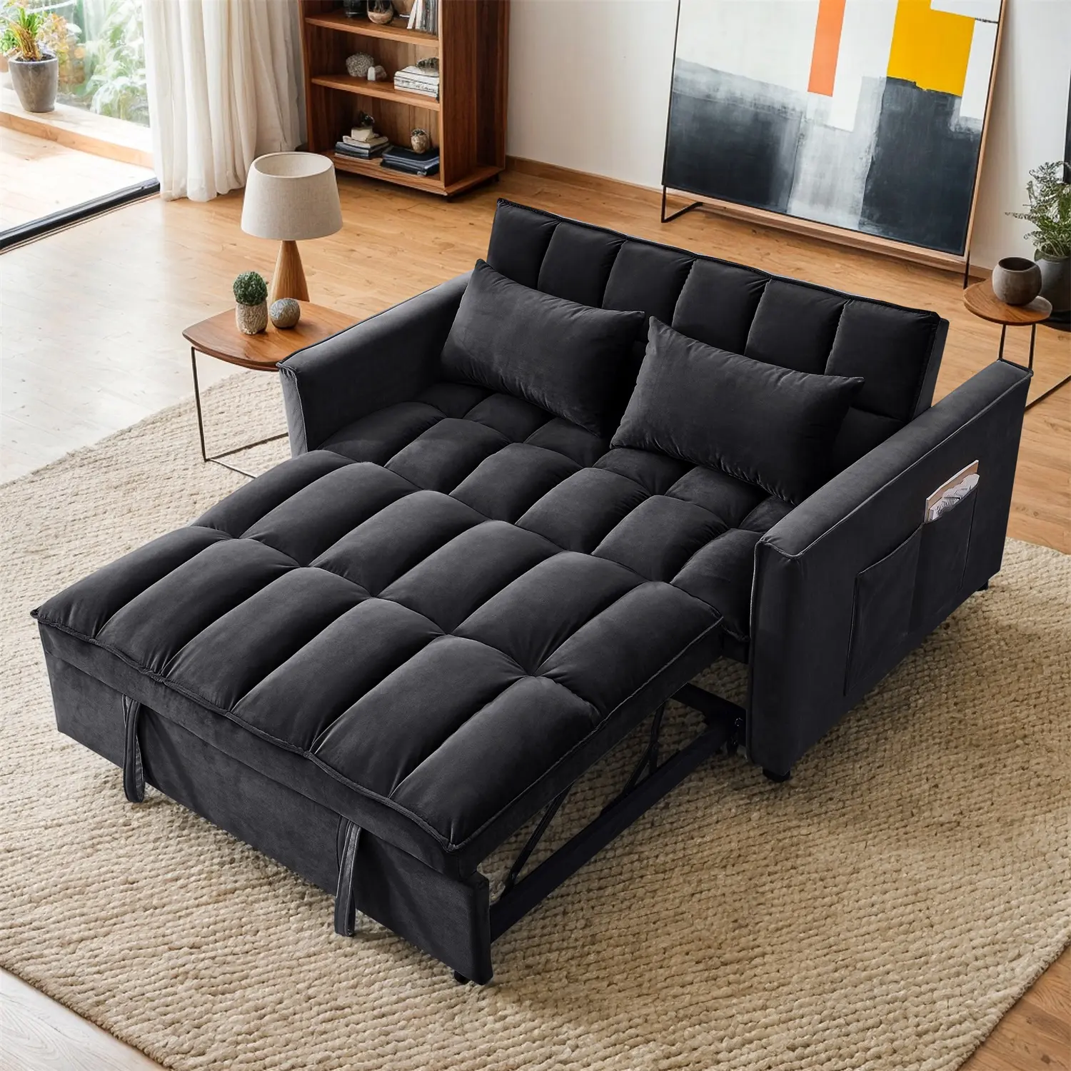 Modern Upholstered Convertible Sofa Bed - Pull-Out Loveseat with Adjustable Backrest, Side Pockets for Living Room, Apartment, Convertible Sofas