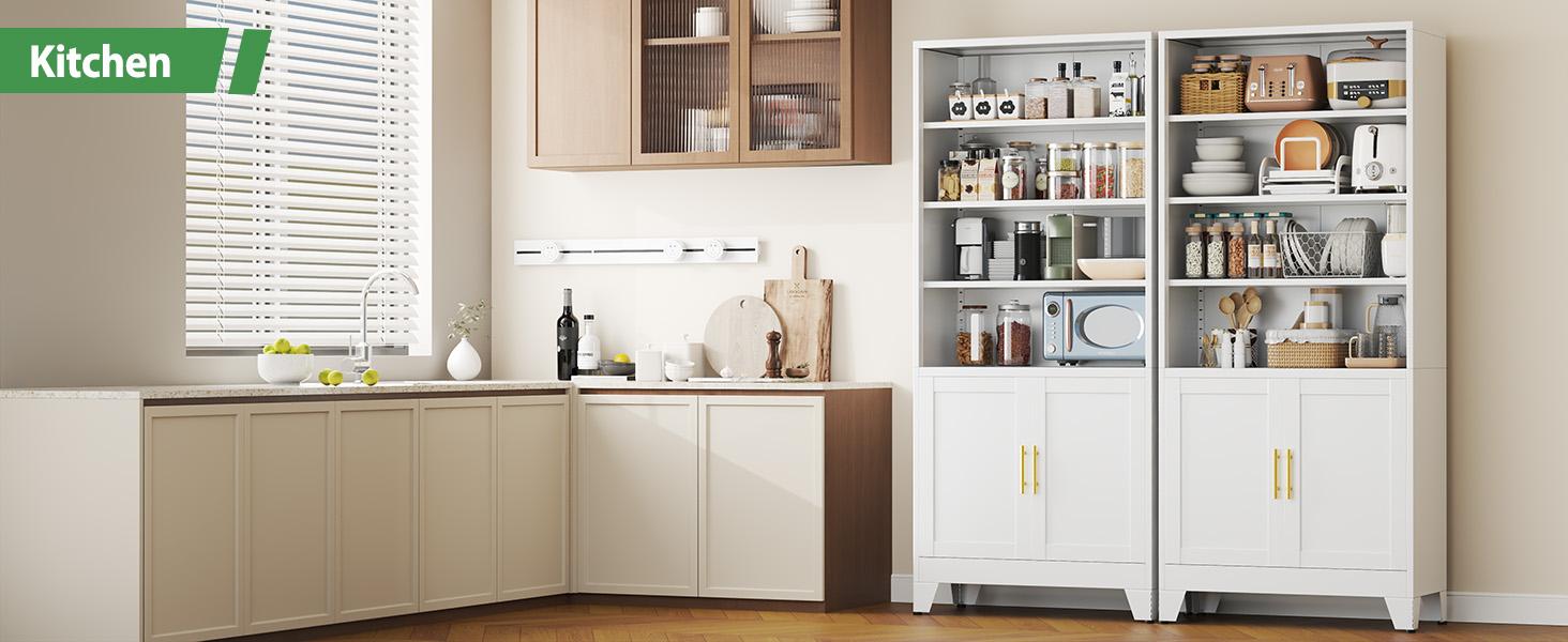 71" Tall White Metal Storage Cabinet – 4 Adjustable Shelves + Doors – Bookcase for Study, Office, Bedroom