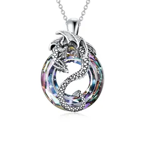 925 Sterling Silver Dragon Crystal Necklace Round Pendant Valentine's Day Gift Silver Jewelry