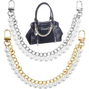 2 Pcs Pearl Purse Chain Handbag Straps, Metal Shoulder Crossbody Bags Short Handle Replacement Bag Charm Chain, Purse Charms for Handbags(Gold and Silver)