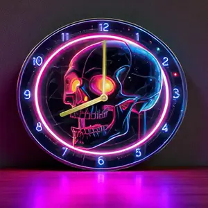 8" Neon Skull Print 2D Effect Silent Lightweight Metal Wall Clock - Quartz, Battery-Operated, Gothic Punk Halloween Home Decor, Ideal Gift for Home Supplies Enthusiasts, Metal Wall Clocks, Battery-Operated Wall Clocks