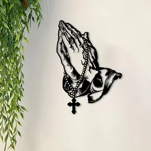 Vintage Prayer Hand Metal Wall Art, Religious Decoration for Chapel, Study, Home, Ideal Gift for Believers, Cross and Beads Design