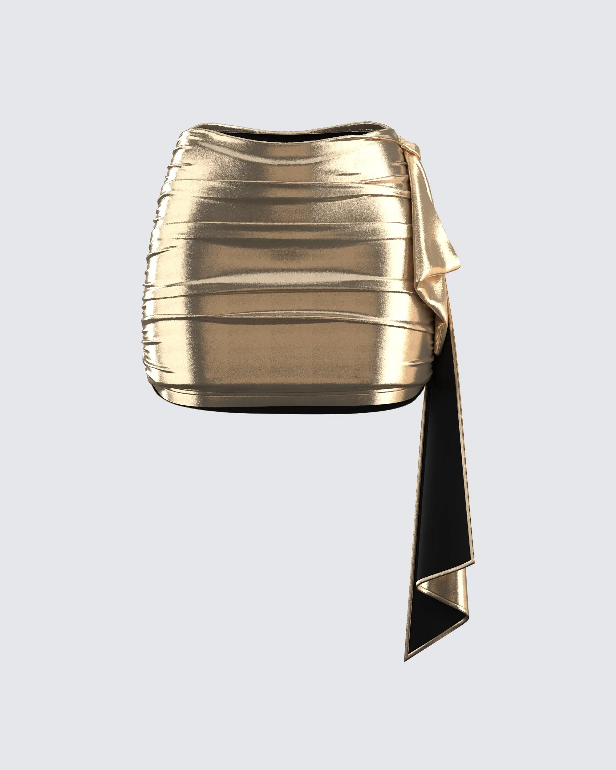 Women's Gold Bodycon Mini Skirt - High-Shine Ruched Metallic Spandex, Dramatic Draped Asymmetrical Hem, Chic Womenswear Bottoms