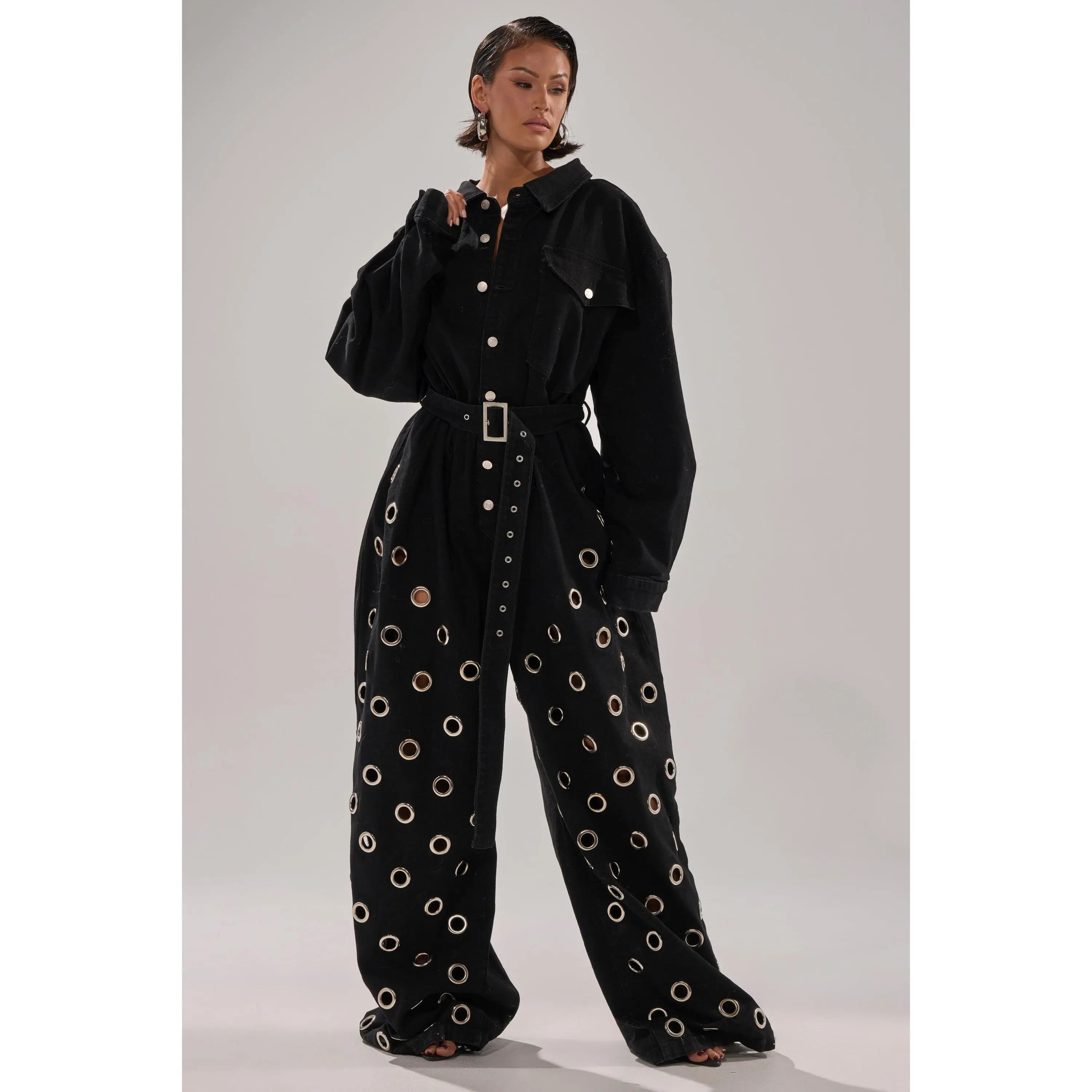 PLAY YOUR CARDS RIGHT DENIM JUMPSUIT WITH GROMMETS PLAY YOUR CARDS RIGHT DENIM JUMPSUIT WITH GROMMETS