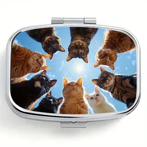 Cat Pattern Printed Square Medicine Box, 2 Compartment Mini Portable Healthcare Pill Case, Travel Outdoor Sports Pocket Wallet Holder, Multifunctional Metal Box