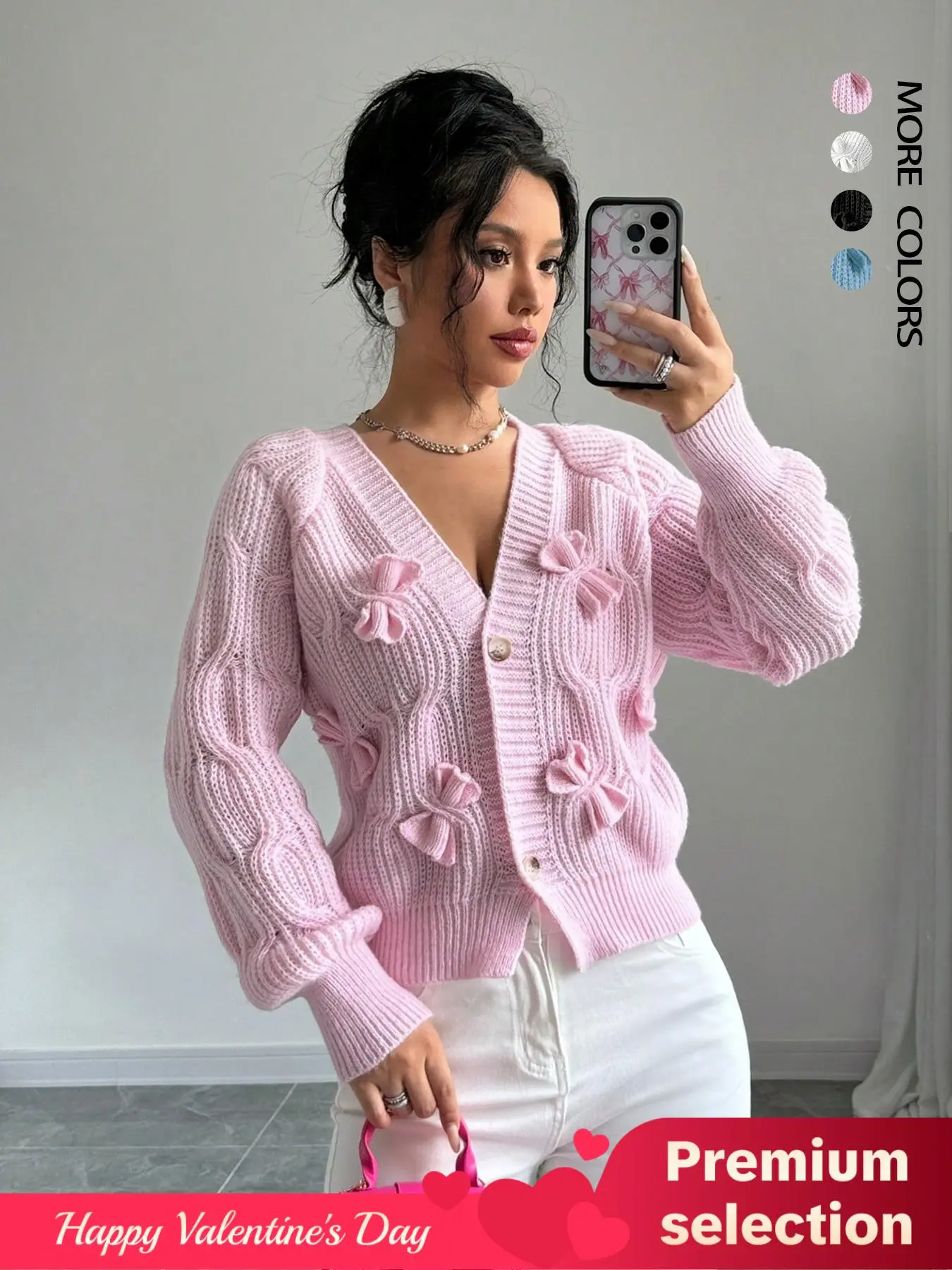 Women's Plain Bow Front Raglan Sleeve Sweater Cardigan, Casual Longsleeves Button Front Knitwear for Fall & Winter, Fashion Women's Knit Clothing for Daily Wear Valentine's Day, gift, Knitting