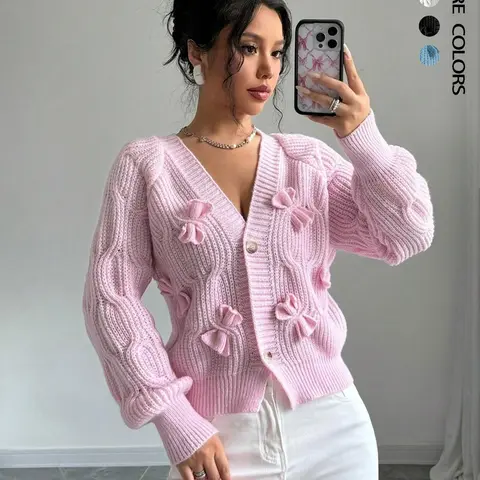 Women's Plain Bow Front Raglan Sleeve Sweater Cardigan, Casual Longsleeves Button Front Knitwear for Fall & Winter, Fashion Women's Knit Clothing for Daily Wear Valentine's Day, gift, Knitting