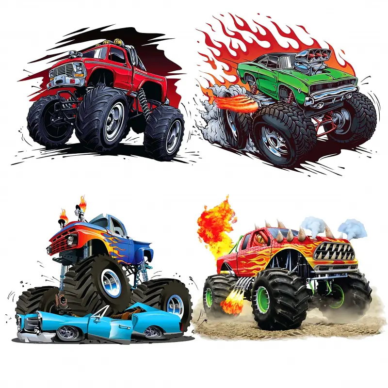 4 Pack Monster Truck Car Heat Transfer Vinyl Patches for Clothes Iron on T Shirt Decals Reusable Washable DIY Decor Crafts for Kids Teens