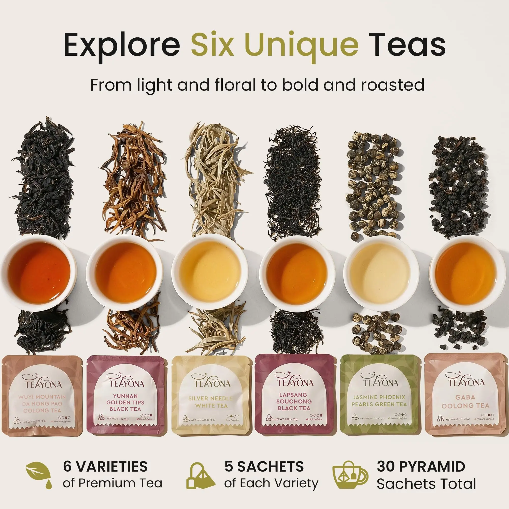 Teayona Premium Tea Variety Pack, 30 Pure Whole Leaf Tea Sachets, 6 ...