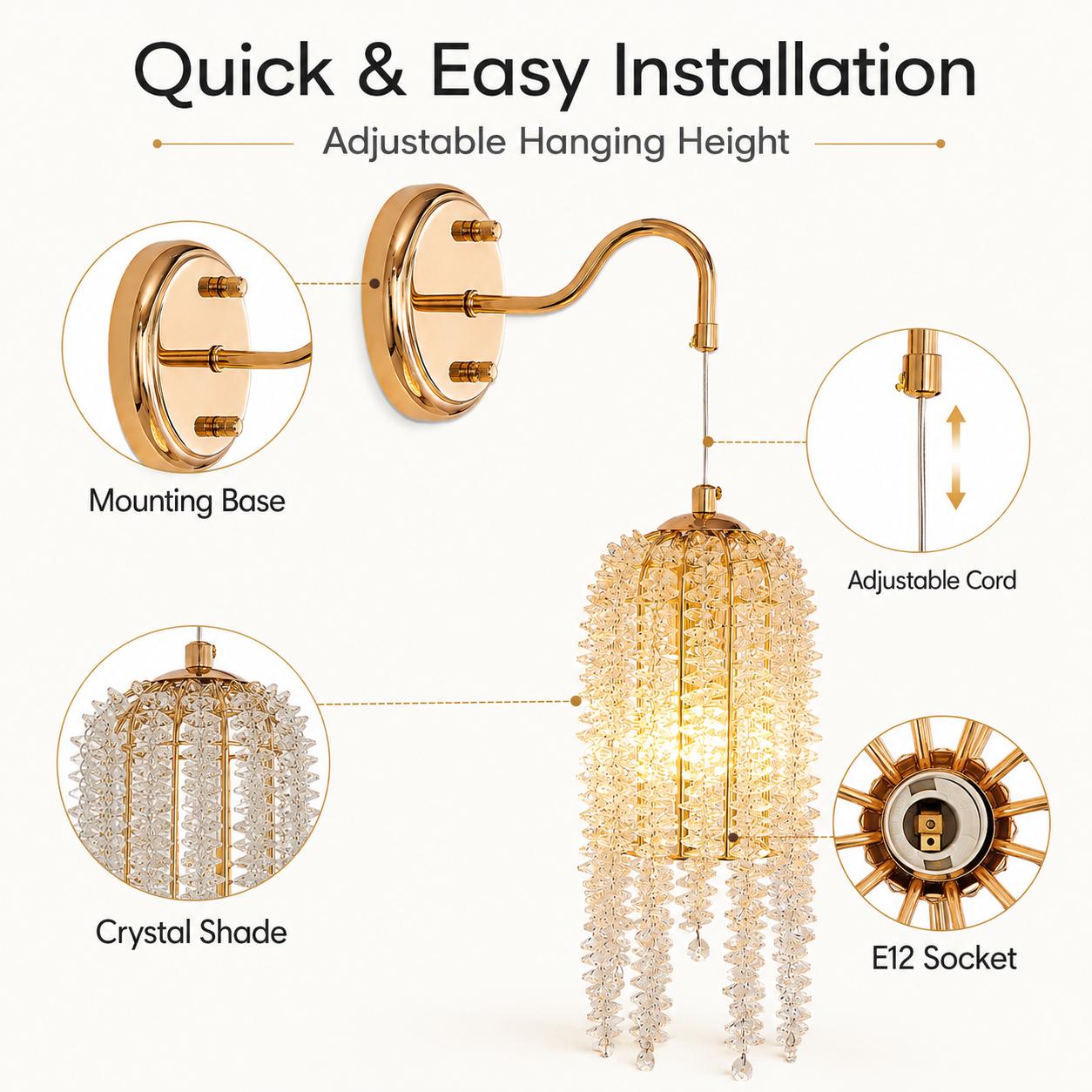Crystal Wall Sconces Set of 2, with Pendant Crystal Shade, Gold Luxury Raindrop Crystal Hardwired Wall Sconces, Vintage Bedside Sconces Wall Lighting for Living Room Bathroom (Small Beads)
