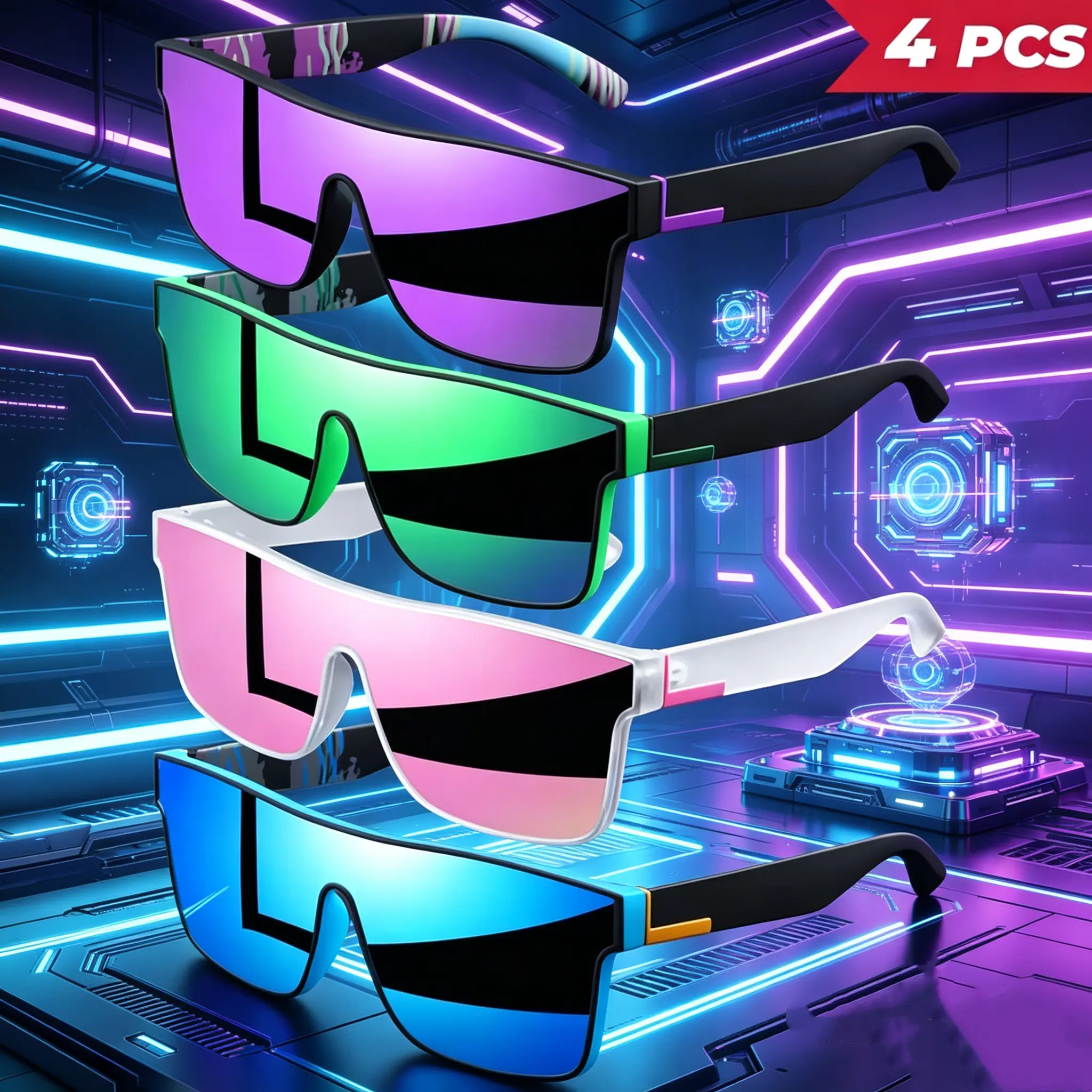 4PCS Square Sports Sunglasses Men Women Classic Colorful One Piece Lens Comfortable Cycling Goggles UV400 Protection Eyewear for Travel Running