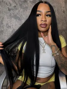 Black Wig Long Straight, Silky Straight Wig Synthetic Lace Front Wigs Pre Plucked Natural Hairline 13X4 HD Transparent Lace Frontal Wig Heat Resistant Fiber Coachella Festival Dress Code 28 Inch