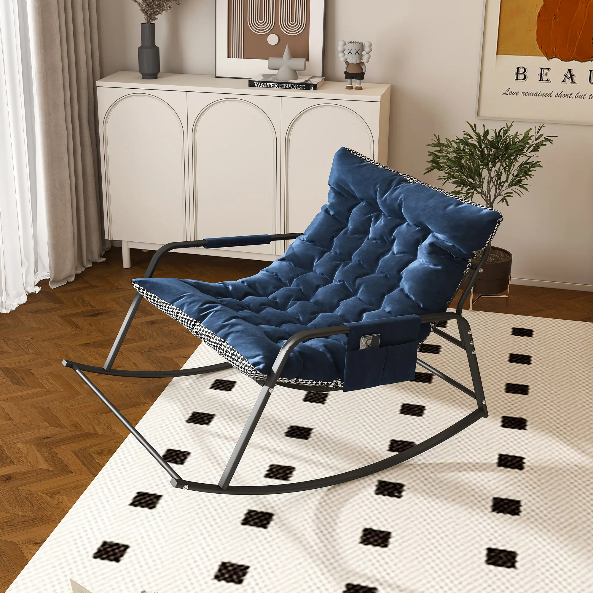 Oversized Rocking Chair with Thick Cushion, 330LBS Capacity Indoor Outdoor Lounge Chair with Side Pocket & Armrest, Comfy Upholstered Rocker for Living Room Bedroom Porch, Easy Assembly