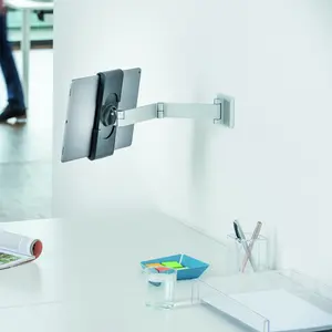 DURABLE Tablet Holder Wall Mount (Swivel Arm, Extends 14.4 Inches, 360 Degree Rotation with Anti-Theft Device) Silver/Charcoal (893423)