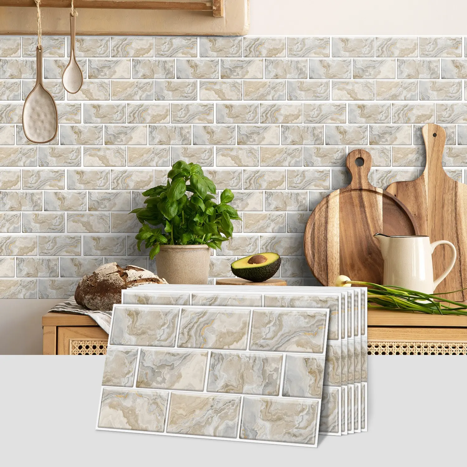 6/12/24 PCS Vintage FG Tile Stickers, Marble Pattern Stickers, Tile Decal Set, Light Beige Marble Texture, PVC Crystal Film, Peel & Stick Backsplash, Waterproof Oil-Proof Self-Adhesive Wall Decor, Decorative Decal for Kitchen & Bathroom Decoration