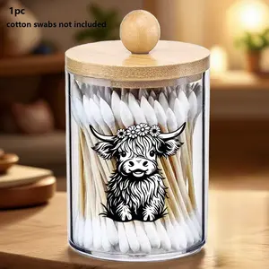 Highland Cow Design Glass Bathroom Container with Lid, Organizational & Storage Solution, Perfect Décor & Organizer