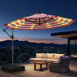 10ft Solar Lights Offset Cantilever Patio Umbrella - with Light and Base, LED Lighted Offset Hanging Patio Outdoor Market Umbrella UPF50+ UV Protection with Easy Tilt and Crank for Pool Deck & Garden Uv Resistant Canopy
