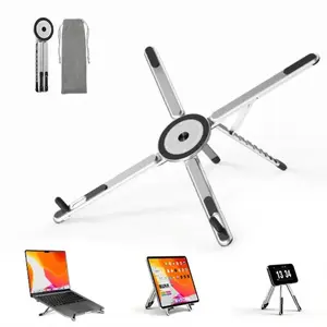Foldable Laptop Stand, Adjustable Aluminum Desk Riser with Magnetic Phone Holder, Portable Ergonomic Laptop Support, Compatible with 10-16" Laptops and 4-13" Phones/Tablets, Silver