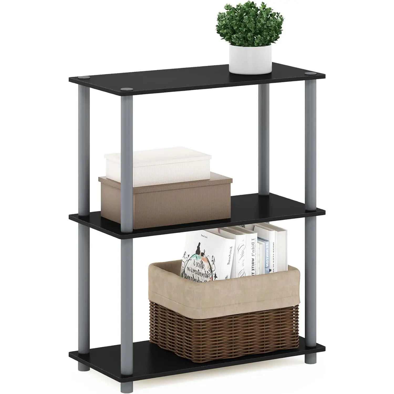 Black/Grey Classic Tube 3-Tier Single Turn-N-Tube Display Rack, Multifunctional Home Supplies Organizer with Display Shelves, Decor, Room Decor