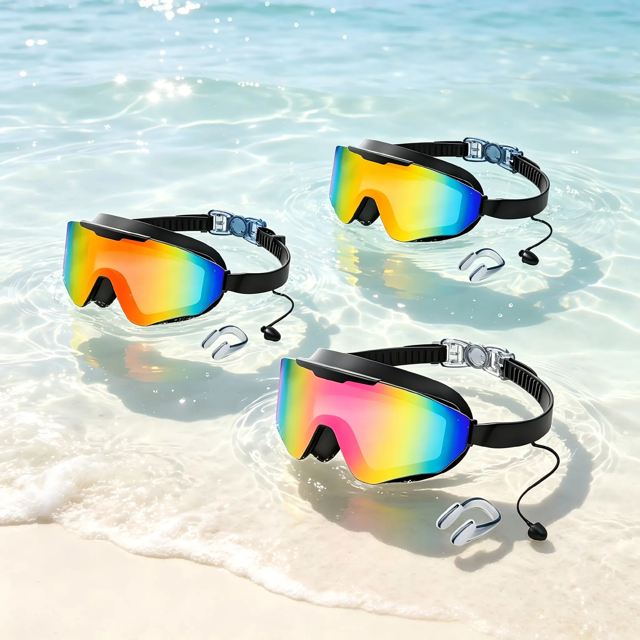 Swimming Goggles with Earplugs – Anti-Fog Full Coverage, UV Protection, Leak-Proof, 180° Wide Vision Clear View Pool Goggles, with Waterproof Earplugs and Nose Clip, Suitable for Lakes, Beaches, and Summer Parties.