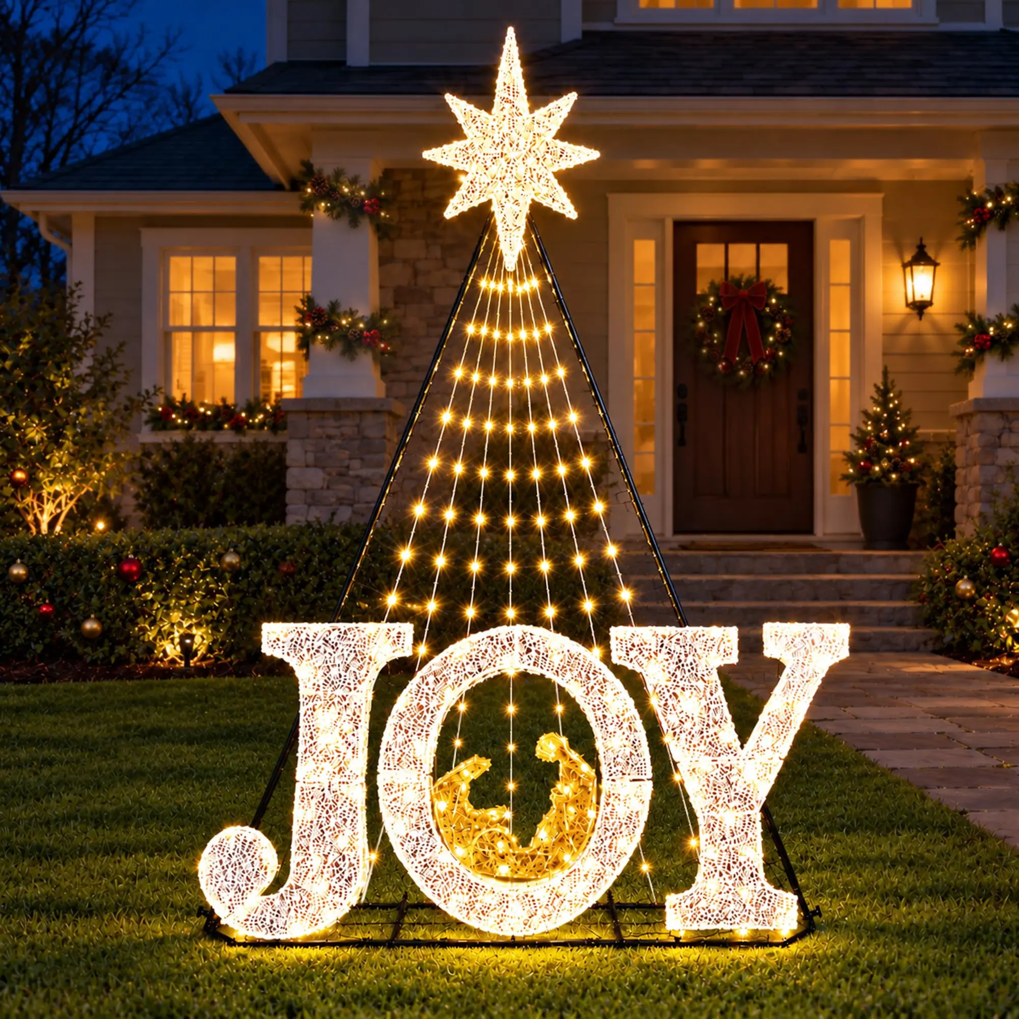 6FT Metal Lighted Christmas Nativity Scene, Outdoor Home Festive Decorations - White & Gold, Fabric/Metal,home decor