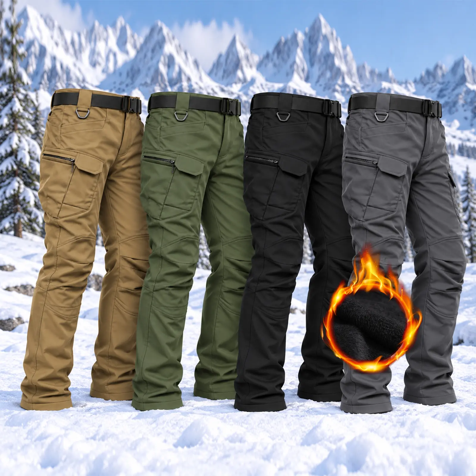Men’s windproof, warm, thick fleece-lined work overalls; water-resistant, multi-pocket winter tactical pants, suitable for construction work