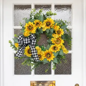 18in Sunflower Wreath with Buffalo Check Bow | Artificial Rattan Ring Front Door Decor