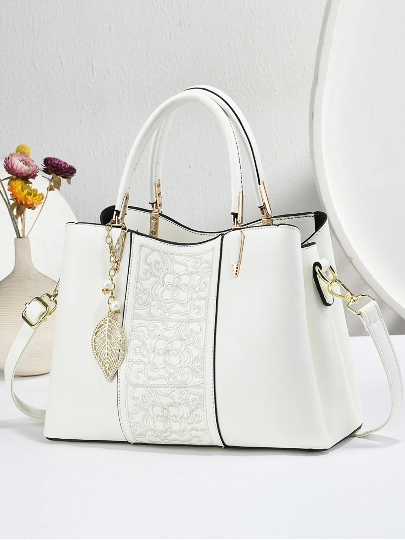 Large Capacity Handbag for Women, Elegant Embroidered Pendant Bag, Fashionable Versatile Shoulder Crossbody Bag, Geometric Pattern Bag