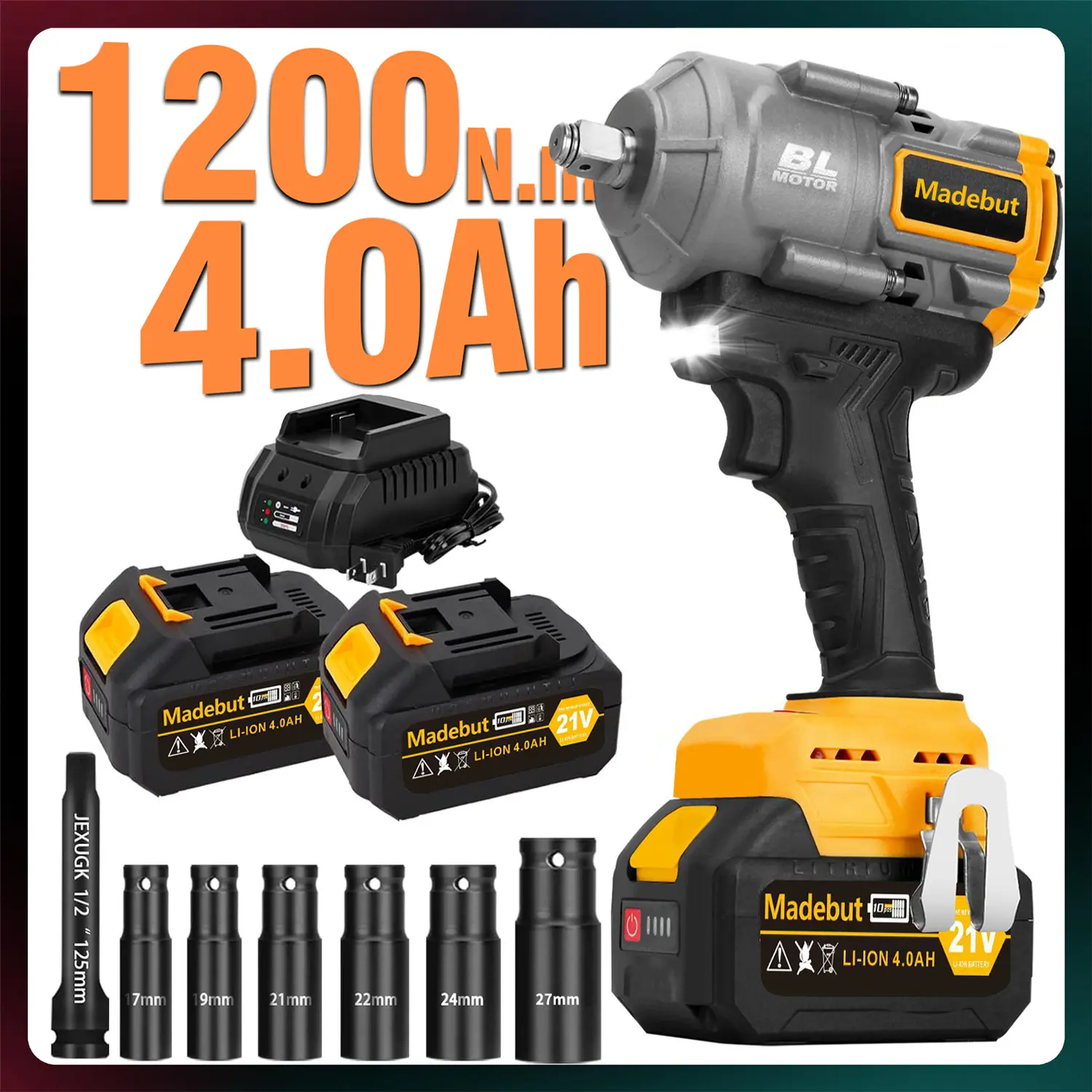 1200N.m Cordless Impact Wrench, 1/2" Brushless High Torque Impact Gun with 2×4.0Ah Batteries, Fast Charger & 6 Sockets 1200N.m Cordless Impact Wrench, 1/2" Brushless High Torque Impact Gun with 2×4.0Ah Batteries, Fast Charger & 6 Sockets
