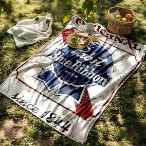 1 piece Pabst Blue Ribbon Classic Beer Brand Logo themed flannel blanket - Modern design flannel blanket, suitable for sofas and beds, all-season use, super soft and warm, digital printing, 100% polyester material, machine washable, suitable for