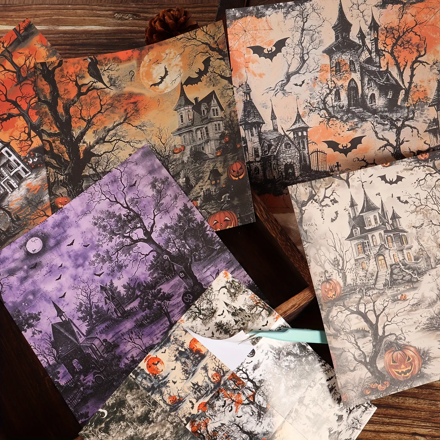 JAIIMAN 48pieces(12papers and 36 High Adhesive Stickers) Large Size Halloween Castle DIY Decorative Paper, Scrapbook Background Pads, Scrapbook Accessories, Arts Crafts, Scrapbooking Supplies, Collage Decoration, Halloween Decoration