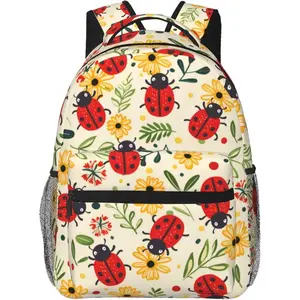 Funny Ladybug Floral Backpack, Polyester Backpacks with Straps, 11.4inx5.9inx15.7in, Multi-Pocket Storage Bookbag, Ideal For School Travel Work Hiking Camping, Girls Boys Women Gifts