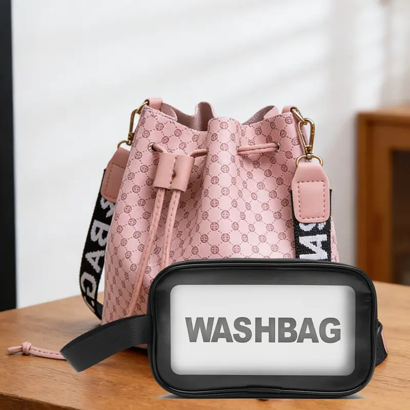 Comes with a free accessory; lightweight, casual women’s everyday shopping tote; pink mini bucket bag; drawstring crossbody bag; wide-strap bag with lettering print;