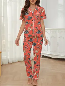 Women's Cartoon Pattern Fitted Sleepwear Pajama Set, Short Sleeve Open Front Top & Loose Elastic Pants, Casual All-Season Home Wear