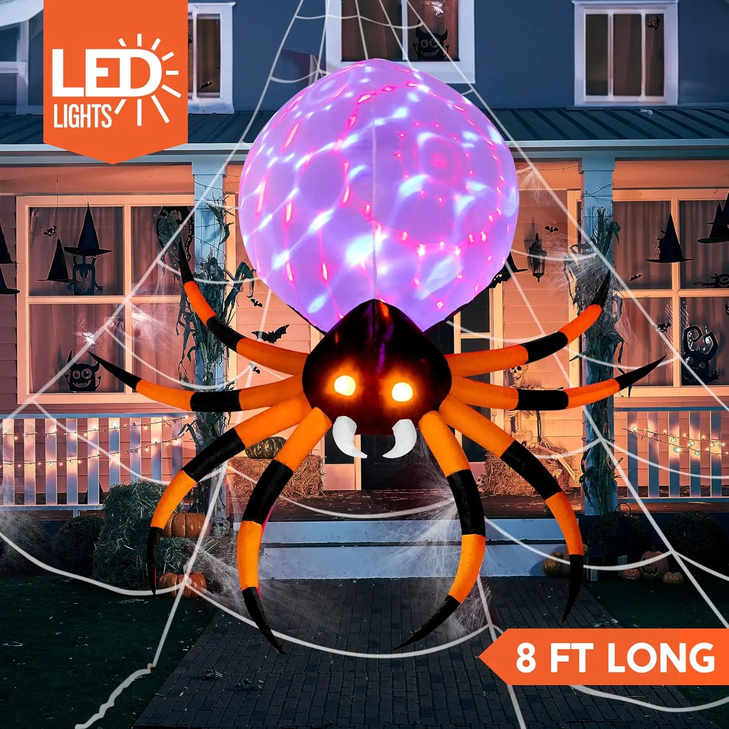 8FT 2026 Spooky Halloween Decorations Inflatable Giant Spider Outdoor Decor - Blow Up Yard Decor with Rotating Colorful Light, Glowing Eyes for Party, Lawn Garden Festive Supplies, Halloween Decorations 2026
