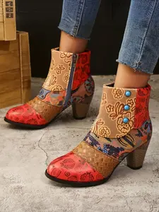 Colorful Patchwork Sneakers with Zipper Side, Vintage Style Textured Chunky Heels, Artistic Design, Comfortable & Stylish, Western Ankle Boots