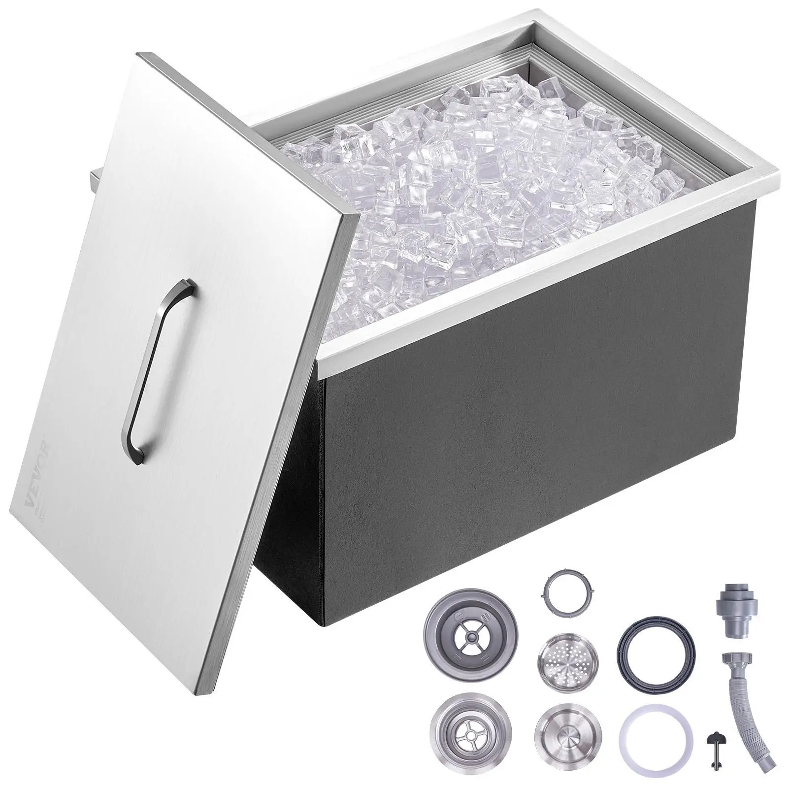 【Summerfinds】VEVOR Drop in Ice Chest, 22"L x 17"W x 12"H Stainless Steel Ice Cooler, Commercial Ice Bin with Cover, 40 qt Outdoor Kitchen Ice Bar, Drain-pipe and Drain Plug Included, for Cold Wine Beer