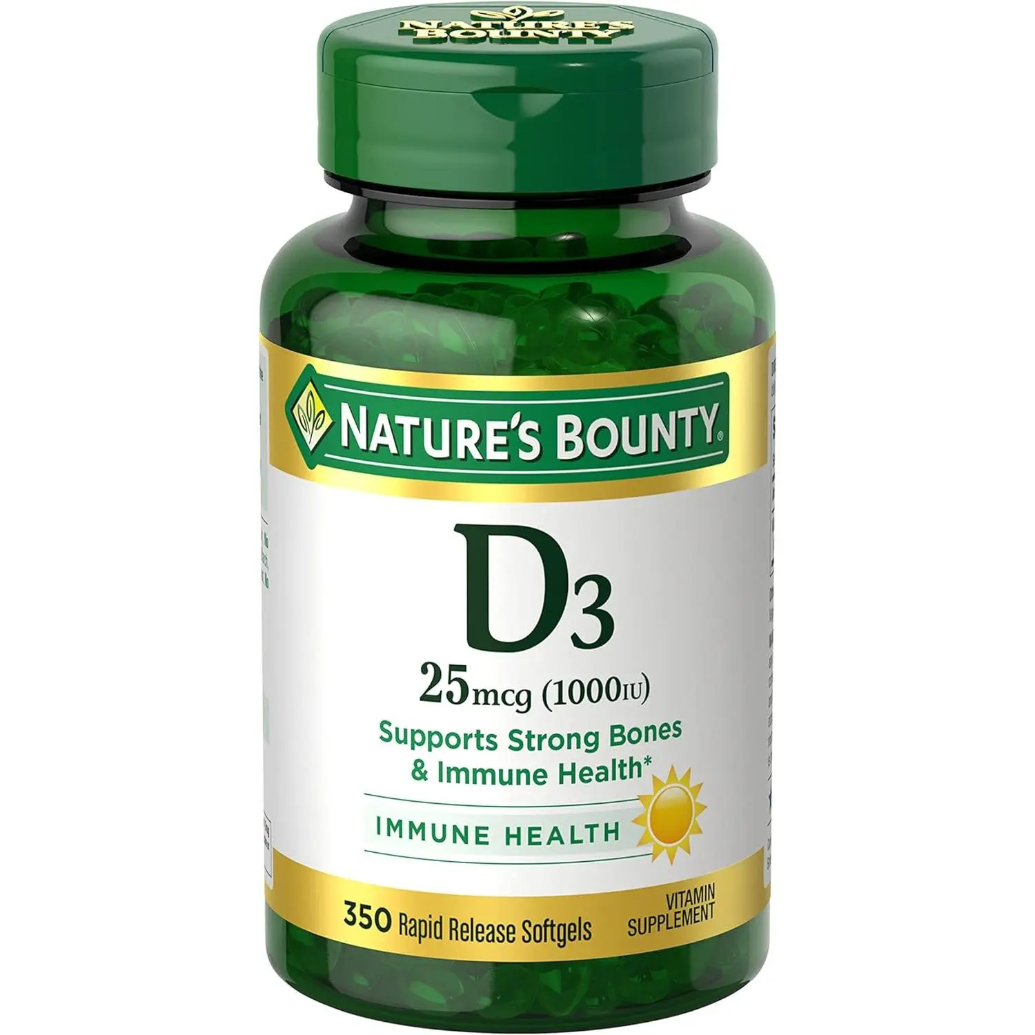 Nature's Bounty Vitamin D3 1000 IU Softgels, Immune Support, Promotes Healthy Bones, 1 Softgel per Day, Gluten Free, 350 Count, Sugar Free, Soybeans, Youth, 350 Ct