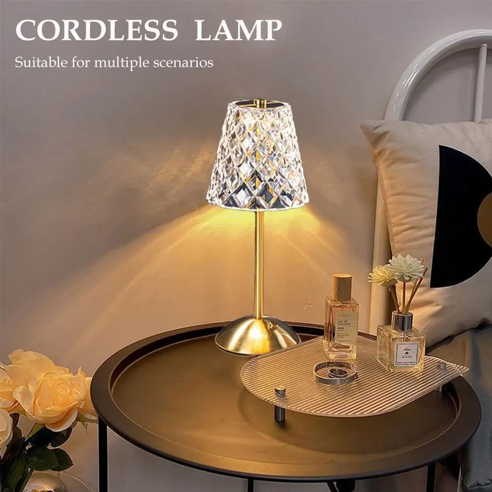 Rechargeable Cordless Table Lamp, Touch Control Crystal Desk Lamp ,3 Color Dimmable LED Small Lamp for Home Decor &Wedding Banquet Party
