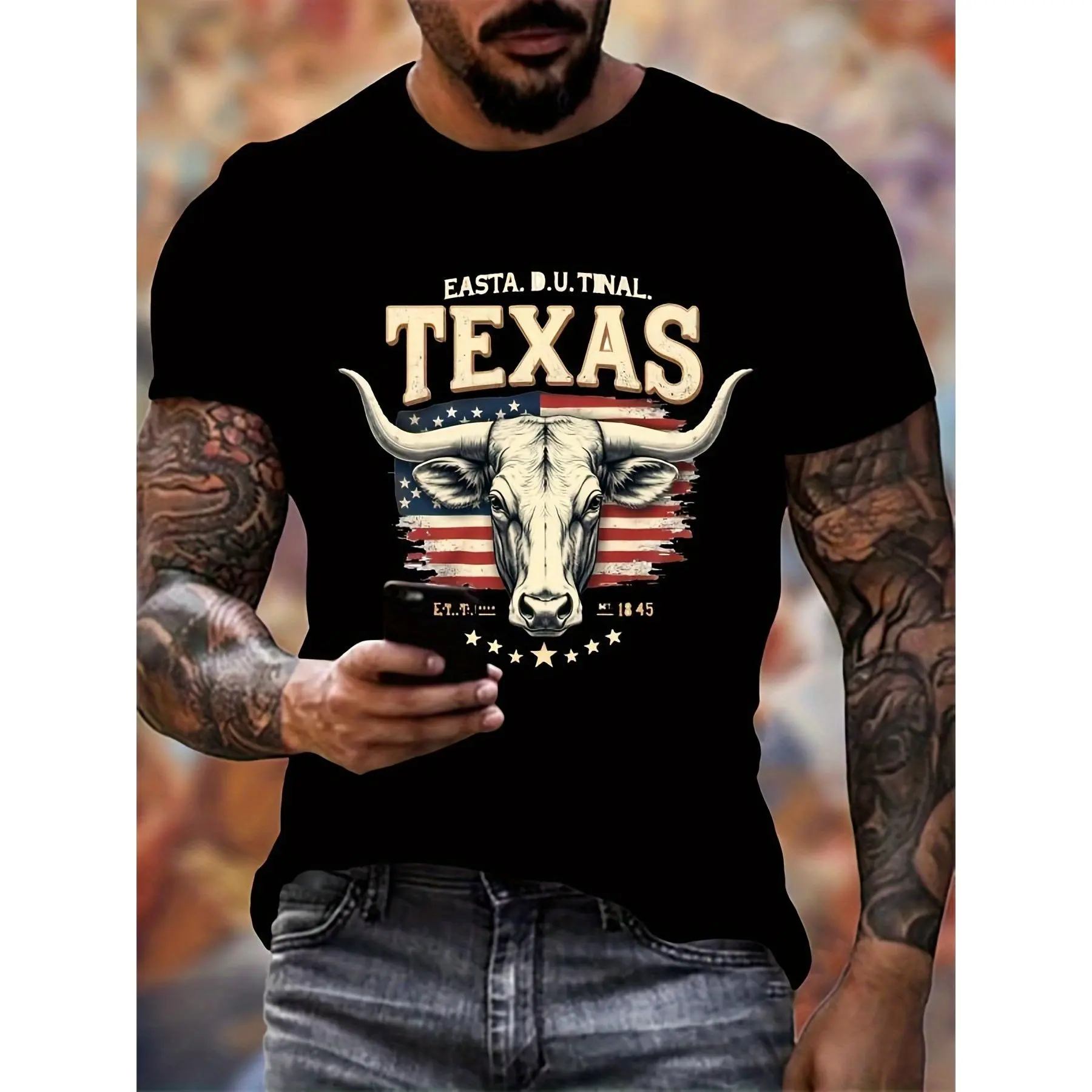 Men's Casual Sports Tops, Funny Texas Flag Bull Head Graphic Short-Sleeve T-Shirt, Cotton Knit Fabric, Stylish Round Neck, Regular Fit for Spring Summer Vacations