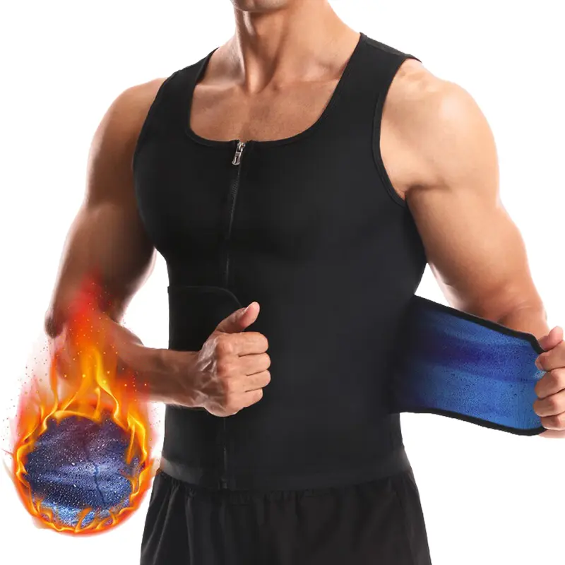 Men's Slim-Fitting Zippered Sauna Waist Trainer Shaping Vest - Polyester Elastane Stretch Solid Scoop Neck Sleeveless, Sauna-Suit Heat Body Shaper, Lightweight Adjustable Flexible Vest for Gym Workouts Activewear