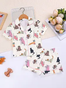 Cute Cat Print Fire Retardant Fabric Sleepwear Set, Casual Fitted Short Sleeve Top and Elastic Shorts, All Seasons Kids Pajamas