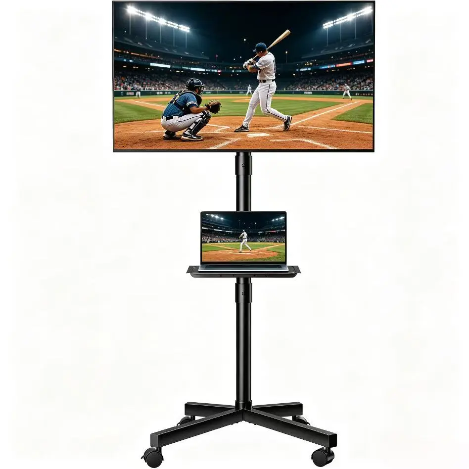 Height Adjustable Tilt Rolling Monitor Stand with Laptop Tray, Mobile Wheeled Floor Display Cart for Office & Meeting Room Presentations