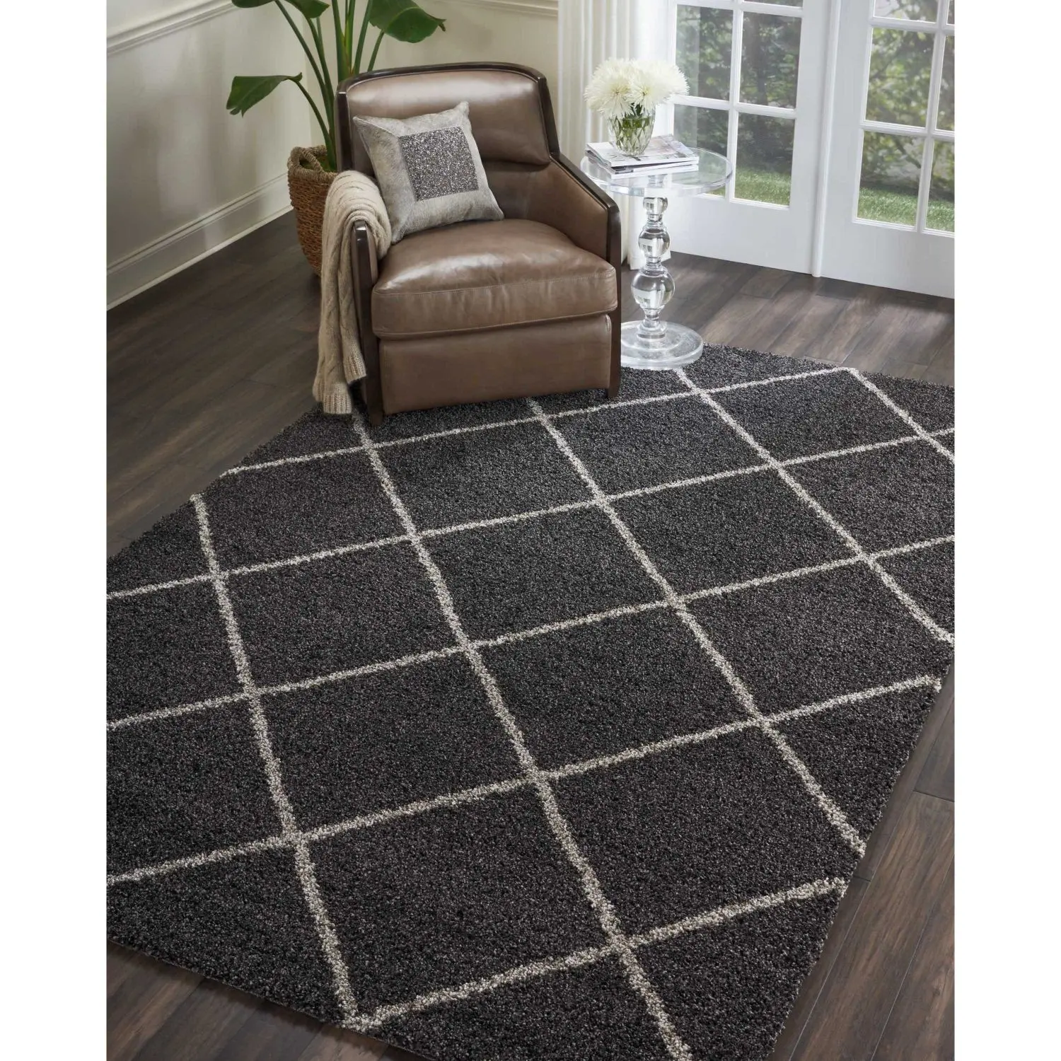 Nourison Brisbane Aqua Shag Area Rug - Home Decor Modern Shaggy Rug with Soft Deep-Pile Texture, Diamond Grid Design for Living Spaces Spaciousness Enhancement, Home Decor Rugs