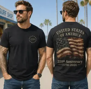 America 250 Shirt, Vintage USA Flag Tee, 1776 to 2026 T-Shirt, Front and Back Print Patriotic Top, 4th of July Mens Apparel, Trending 4th of July Day Tee, Casual Outfit, Comfortable Menswear & Womenswear Top, Perfect Gift For Men and Women